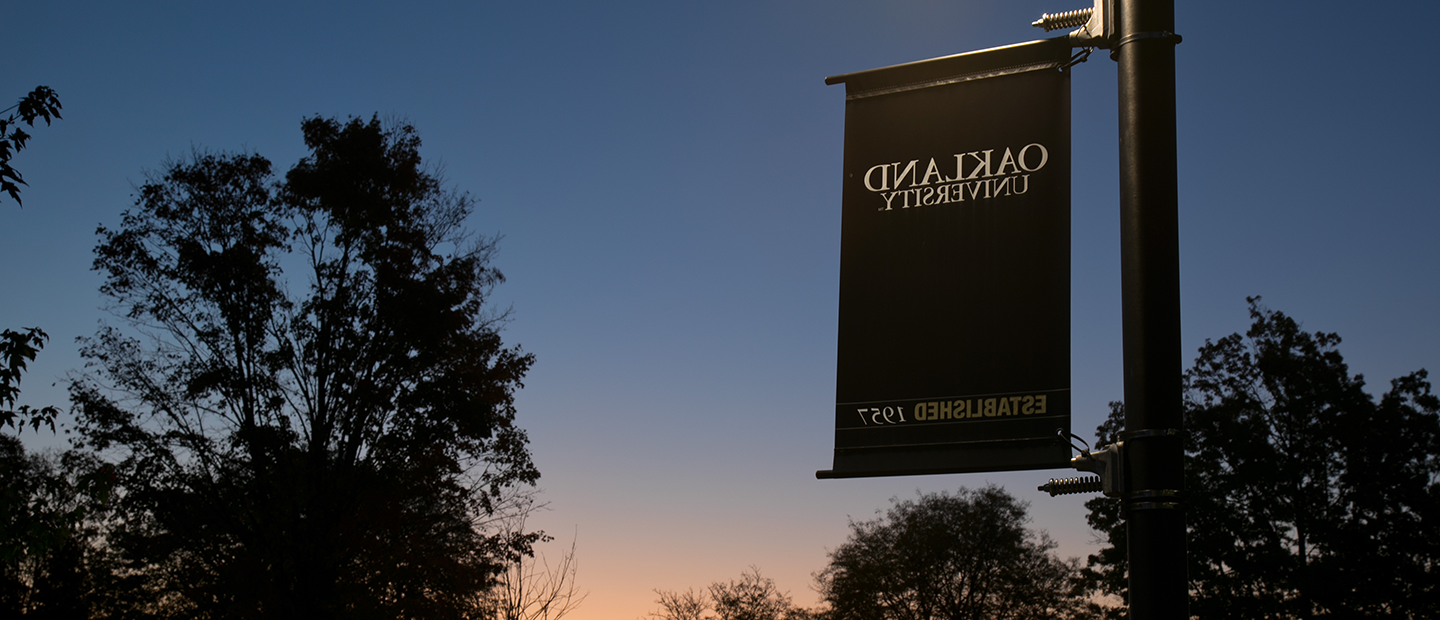 An Oakland University banner hanging on a light post outside with a setting sun in the background.